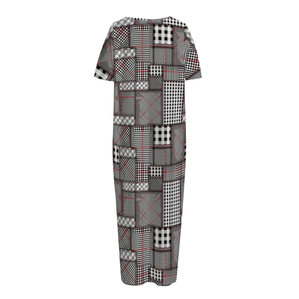 Glen Plaid Patchwork Pattern Print Short Sleeve Long Nightdress