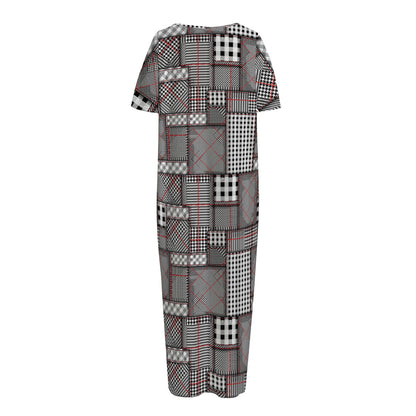 Glen Plaid Patchwork Pattern Print Short Sleeve Long Nightdress
