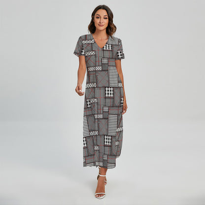Glen Plaid Patchwork Pattern Print Short Sleeve Maxi Dress