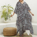 Glen Plaid Patchwork Pattern Print Silk V-Neck Kaftan Dress