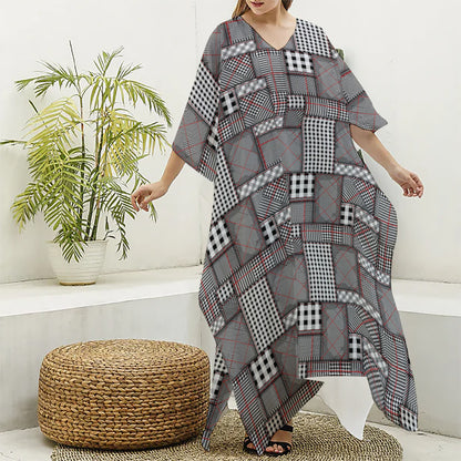 Glen Plaid Patchwork Pattern Print Silk V-Neck Kaftan Dress