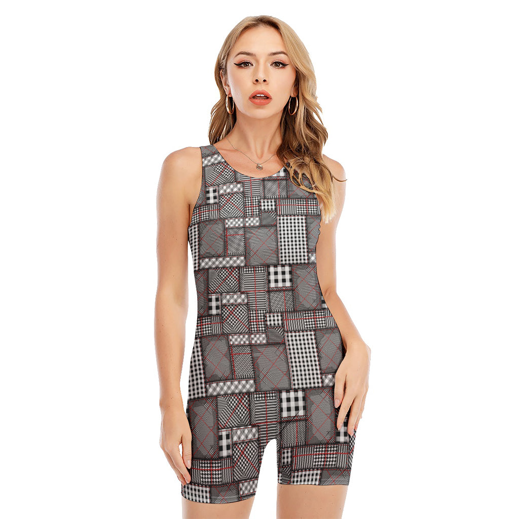 Glen Plaid Patchwork Pattern Print Sleeveless One Piece Swimsuit