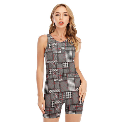 Glen Plaid Patchwork Pattern Print Sleeveless One Piece Swimsuit