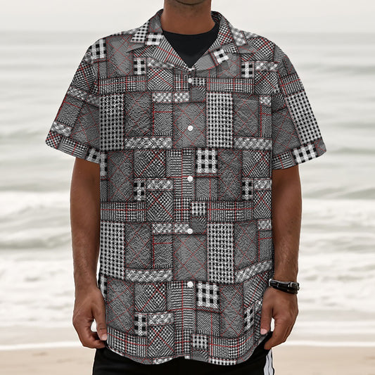 Glen Plaid Patchwork Pattern Print Textured Short Sleeve Shirt