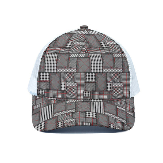 Glen Plaid Patchwork Pattern Print White Mesh Trucker Cap