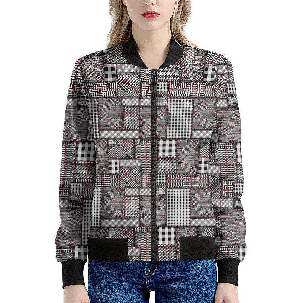 Glen Plaid Patchwork Pattern Print Women's Bomber Jacket