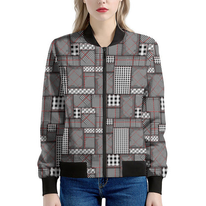 Glen Plaid Patchwork Pattern Print Women's Bomber Jacket