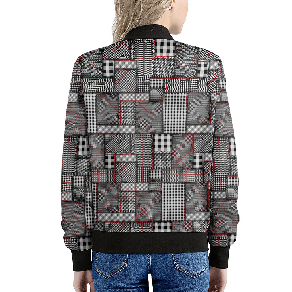 Glen Plaid Patchwork Pattern Print Women's Bomber Jacket
