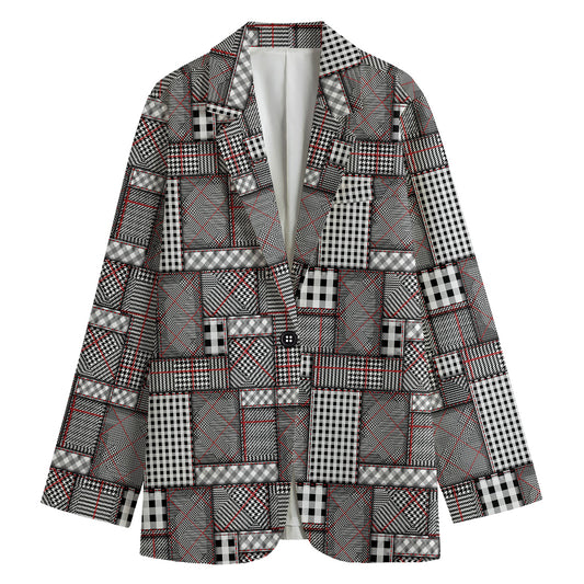 Glen Plaid Patchwork Pattern Print Women's Cotton Blazer