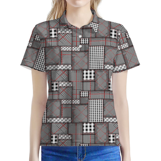Glen Plaid Patchwork Pattern Print Women's Polo Shirt