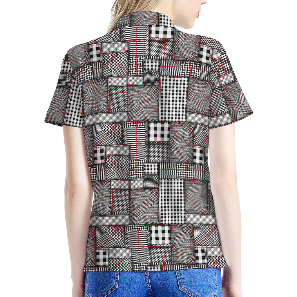 Glen Plaid Patchwork Pattern Print Women's Polo Shirt