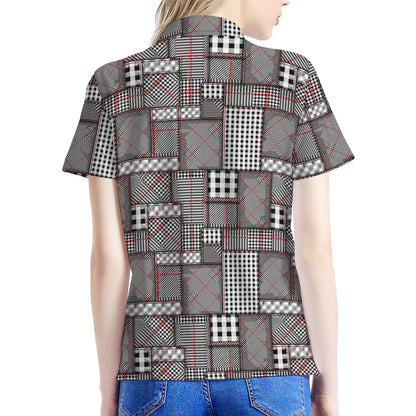 Glen Plaid Patchwork Pattern Print Women's Polo Shirt