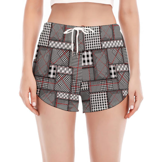 Glen Plaid Patchwork Pattern Print Women's Split Running Shorts