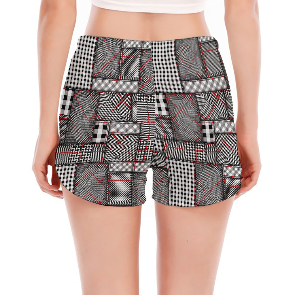 Glen Plaid Patchwork Pattern Print Women's Split Running Shorts
