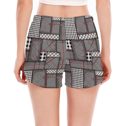 Glen Plaid Patchwork Pattern Print Women's Split Running Shorts