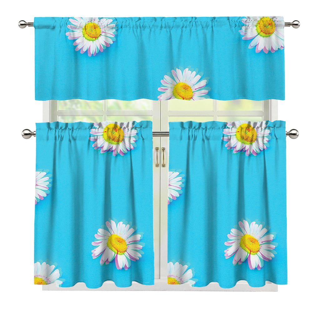 Glitch Daisy Flower Print 3 Piece Kitchen Curtains