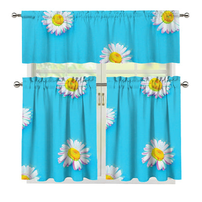 Glitch Daisy Flower Print 3 Piece Kitchen Curtains