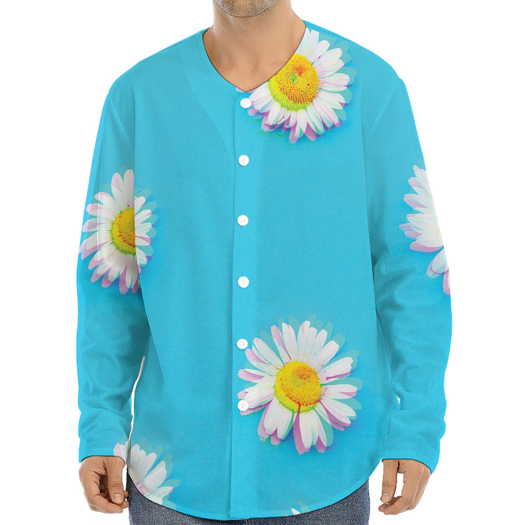 Glitch Daisy Flower Print Long Sleeve Baseball Jersey