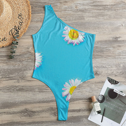 Glitch Daisy Flower Print One Shoulder Bodysuit