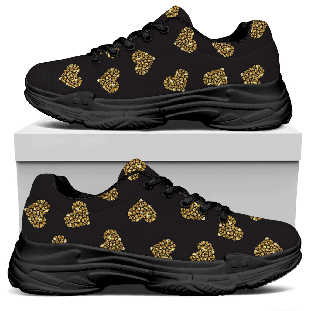 Glitter Gold Heart Pattern Print (NOT Real Glitter) Black Chunky Shoes