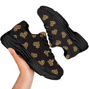 Glitter Gold Heart Pattern Print (NOT Real Glitter) Black Chunky Shoes