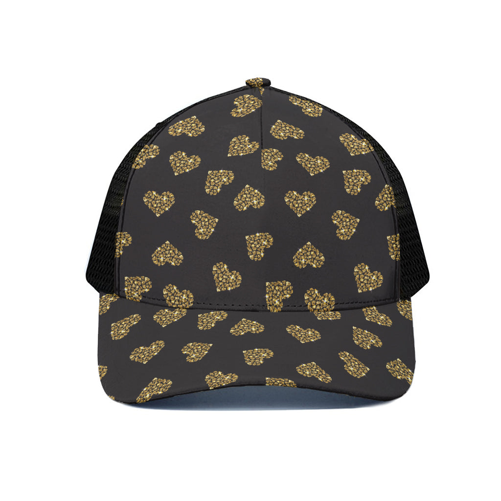 Glitter Gold Heart Pattern Print (NOT Real Glitter) Black Mesh Trucker Cap