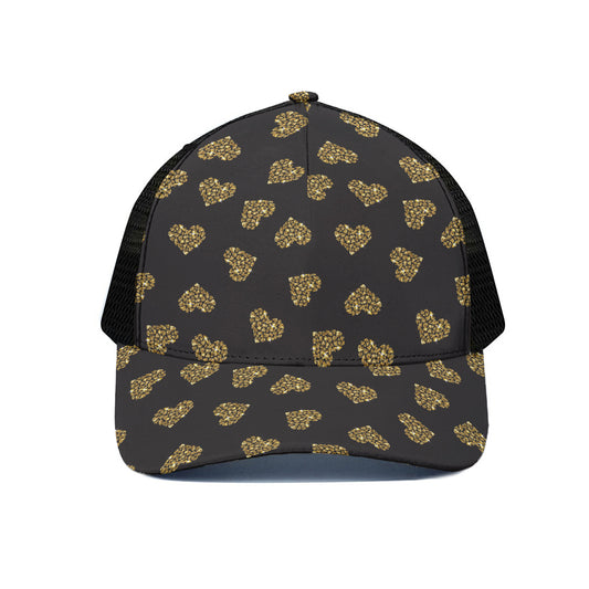 Glitter Gold Heart Pattern Print (NOT Real Glitter) Black Mesh Trucker Cap