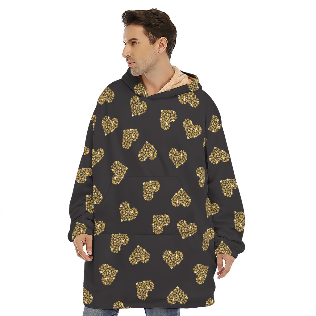 Glitter Gold Heart Pattern Print (NOT Real Glitter) Hoodie Blanket