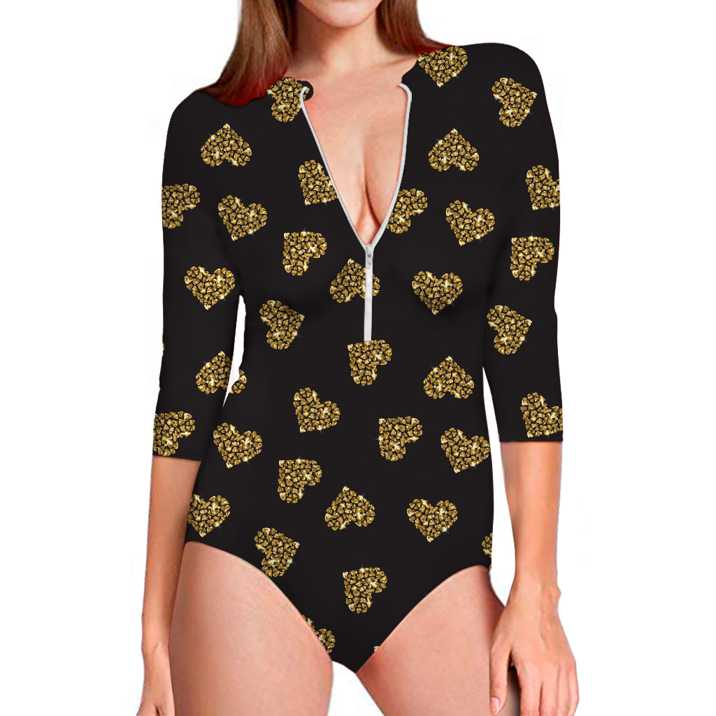 Glitter Gold Heart Pattern Print (NOT Real Glitter) Long Sleeve Swimsuit