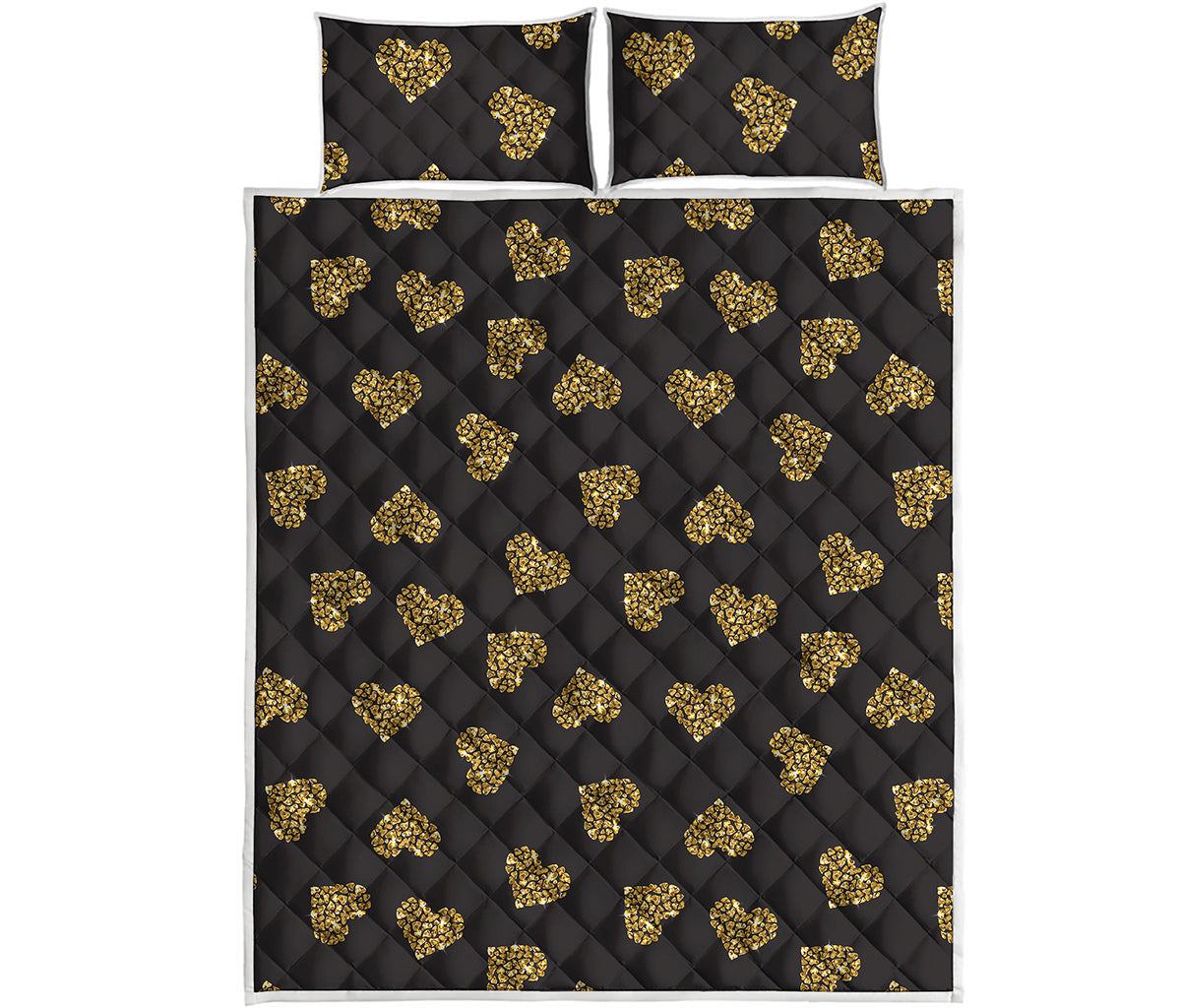 Gold Heart (NOT Real) Glitter Print Quilt Bed Set