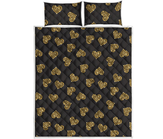 Gold Heart (NOT Real) Glitter Print Quilt Bed Set