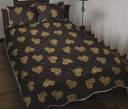 Gold Heart (NOT Real) Glitter Print Quilt Bed Set