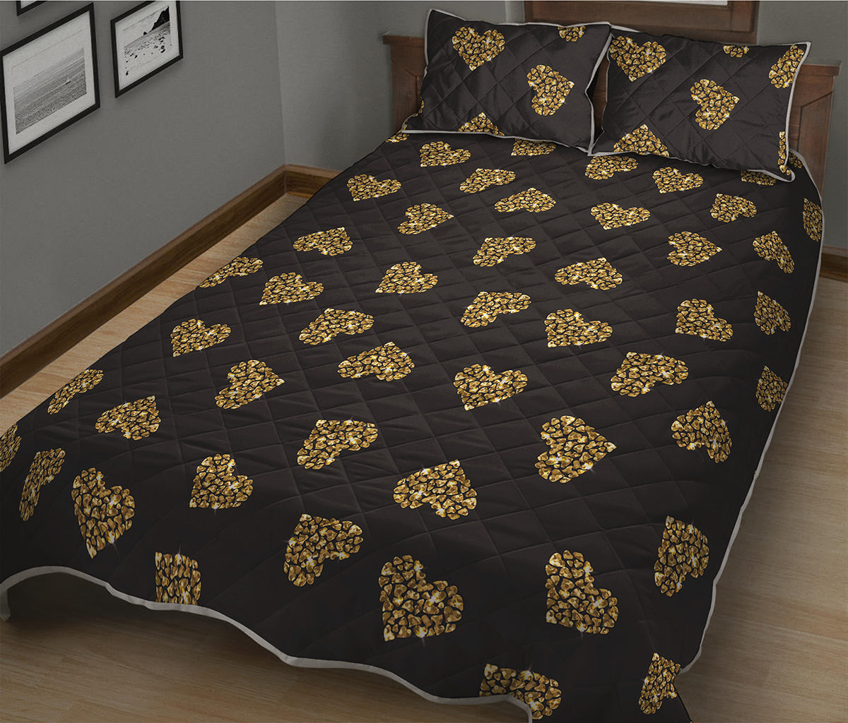 Gold Heart (NOT Real) Glitter Print Quilt Bed Set