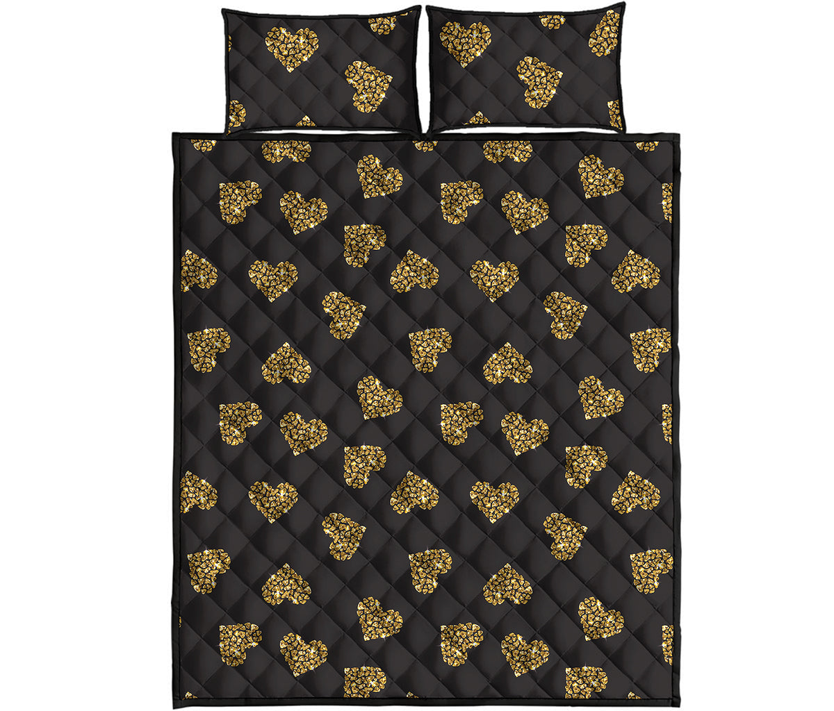 Gold Heart (NOT Real) Glitter Print Quilt Bed Set