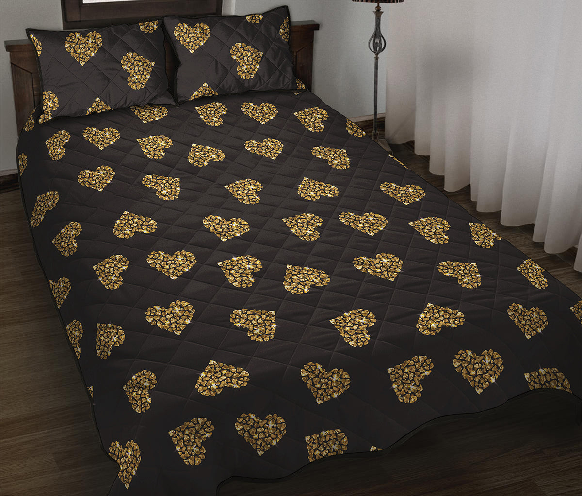 Gold Heart (NOT Real) Glitter Print Quilt Bed Set