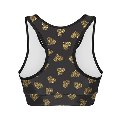 Glitter Gold Heart Pattern Print (NOT Real Glitter) Women's Sports Bra
