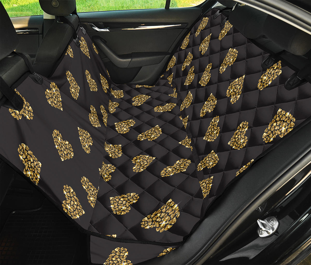 Gold Heart (NOT Real) Glitter Print Pet Car Back Seat Cover