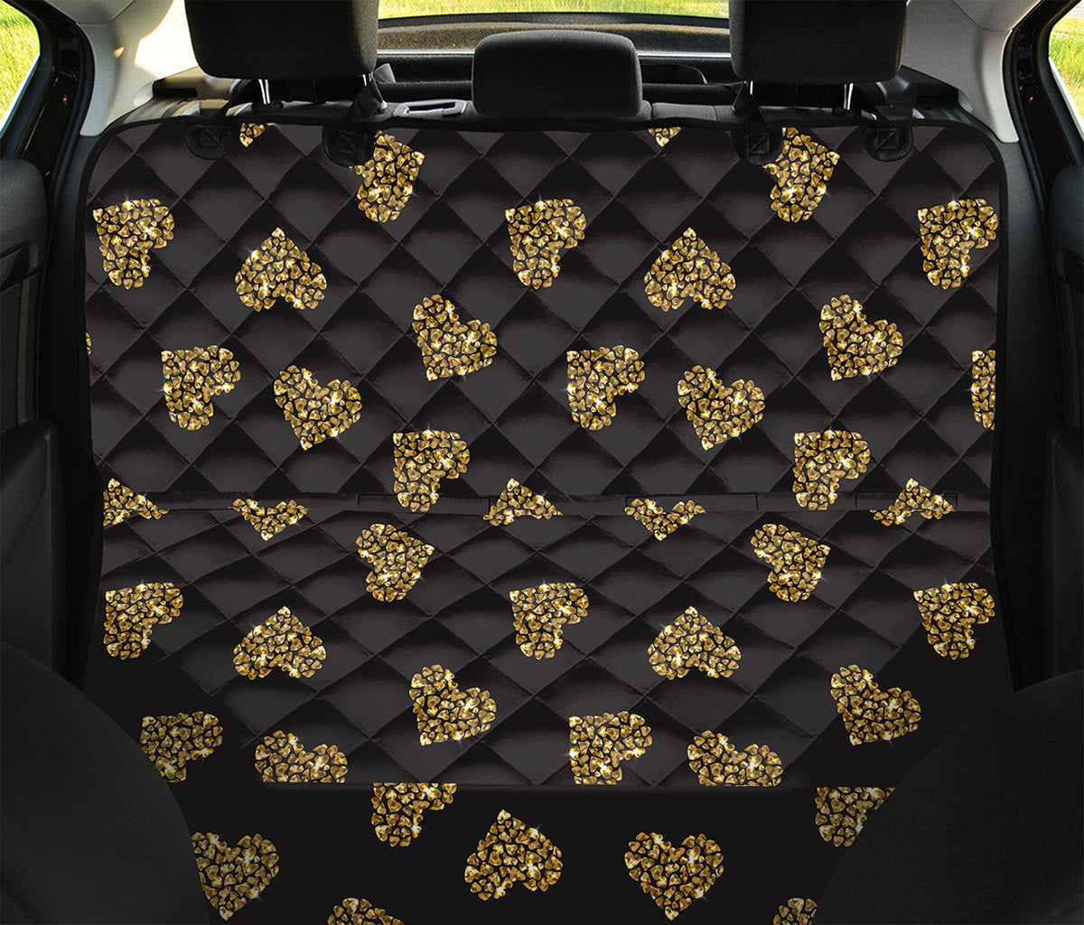 Gold Heart (NOT Real) Glitter Print Pet Car Back Seat Cover