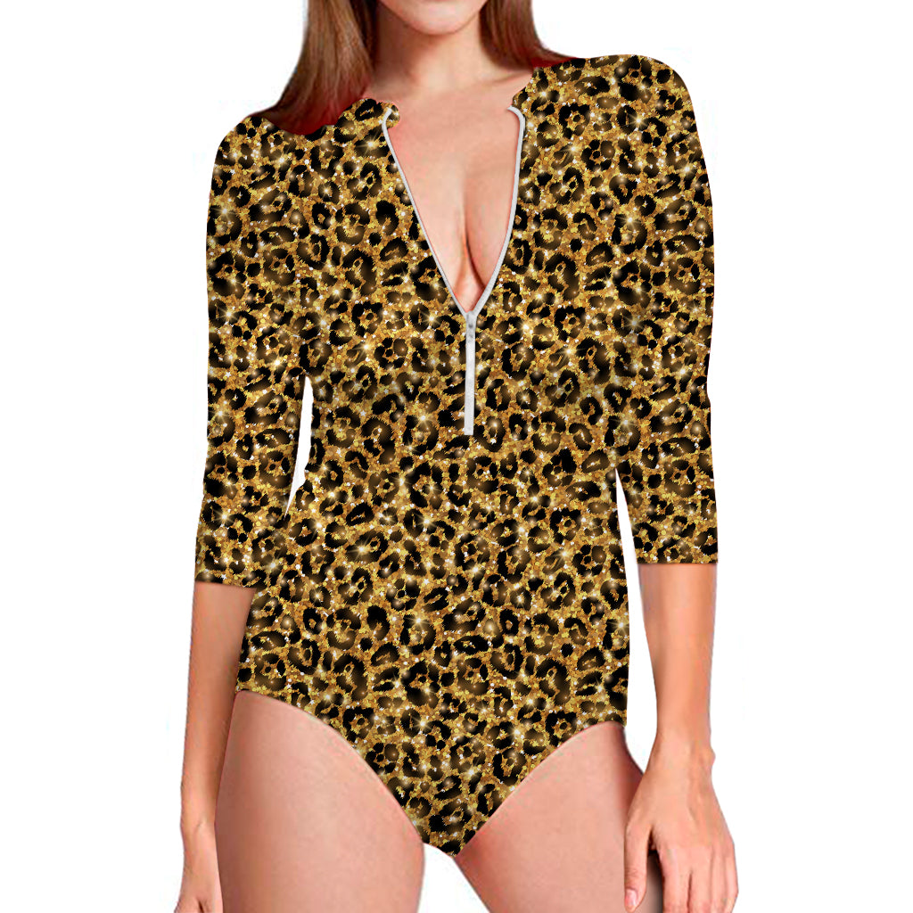 Glitter Gold Leopard Print (NOT Real Glitter) Long Sleeve Swimsuit