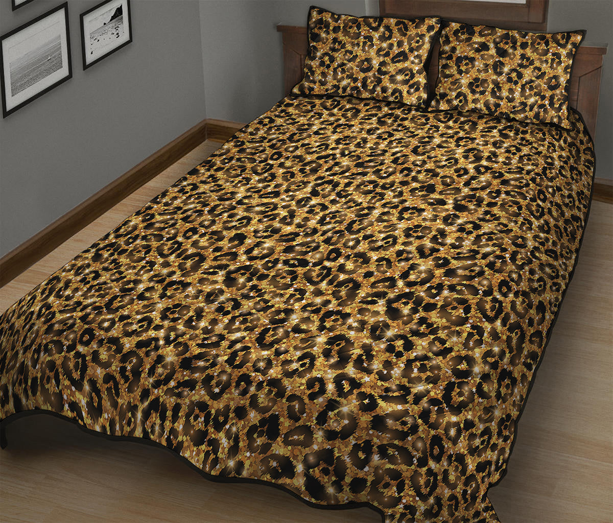Gold Leopard (NOT Real) Glitter Print Quilt Bed Set