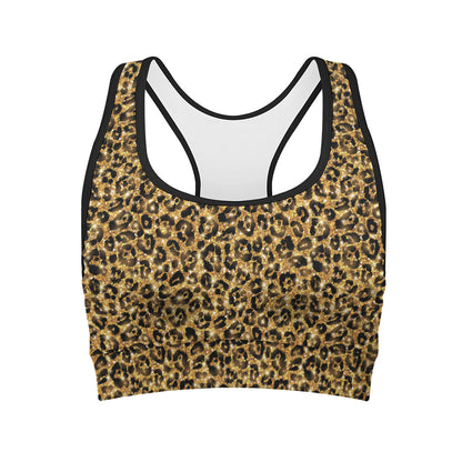 Glitter Gold Leopard Print (NOT Real Glitter) Women's Sports Bra