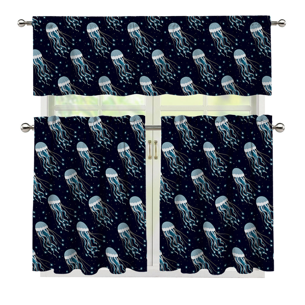 Glowing Jellyfish Pattern Print 3 Piece Kitchen Curtains