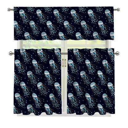 Glowing Jellyfish Pattern Print 3 Piece Kitchen Curtains
