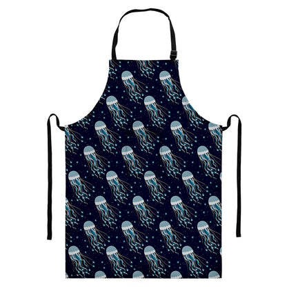 Glowing Jellyfish Pattern Print Bib Apron With Pocket