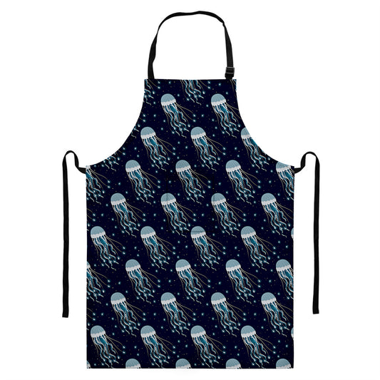 Glowing Jellyfish Pattern Print Bib Apron With Pocket