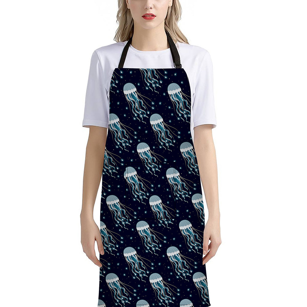 Glowing Jellyfish Pattern Print Bib Apron With Pocket