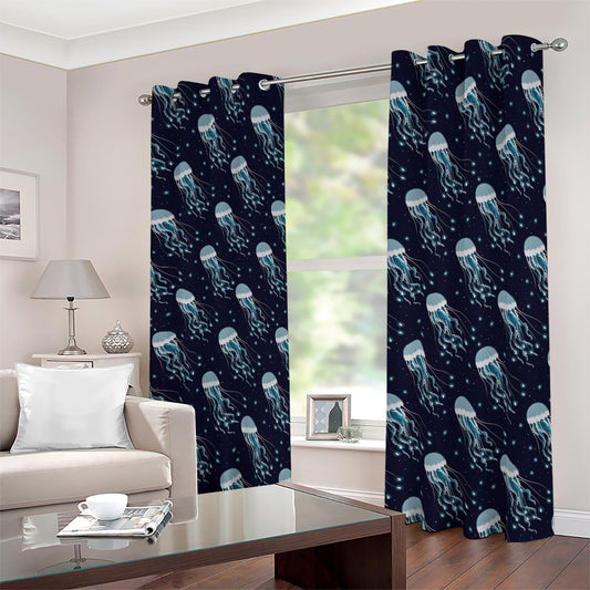 Glowing Jellyfish Pattern Print Blackout Grommet Curtains