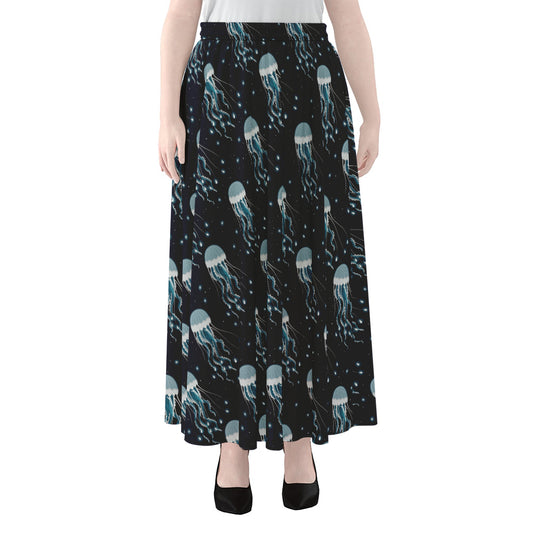 Glowing Jellyfish Pattern Print Chiffon Maxi Skirt