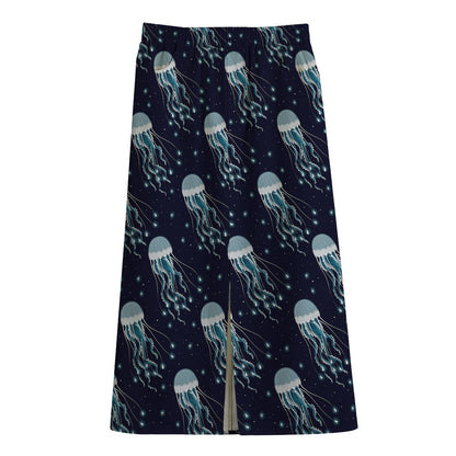 Glowing Jellyfish Pattern Print Cotton Front Slit Maxi Skirt