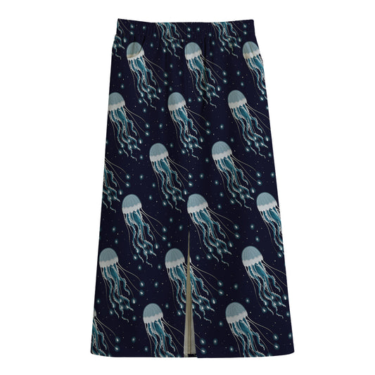 Glowing Jellyfish Pattern Print Cotton Front Slit Maxi Skirt